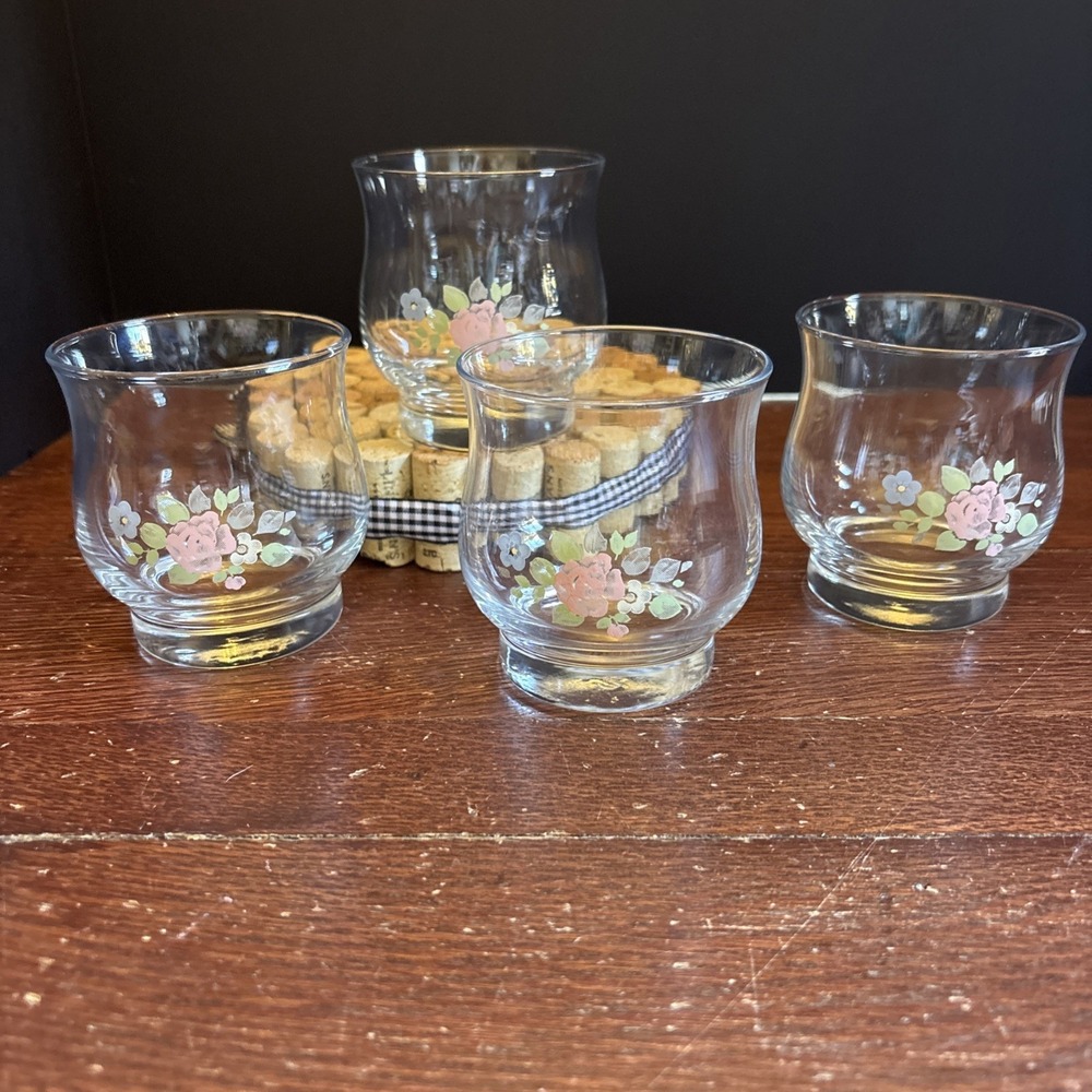 Set Of 4 Pfaltzgraff Tea Rose 3-1/2" 8 Oz. Glass Rocks Juice Tumblers